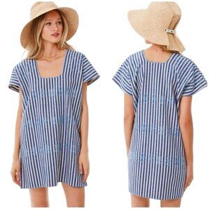 Tuckernuck Sullivan Embroidered Canvas Caftan Small Blue‎ Striped Beach DR-1771